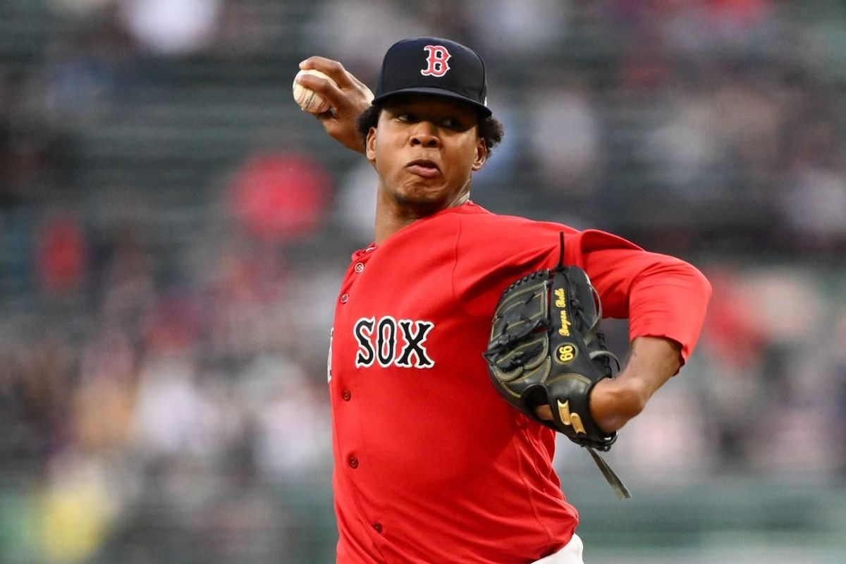 Sep 27, 2023; Boston, Massachusetts, USA; Boston Red Sox starting pitcher Brayan Bello (66) pitches against the Tampa Bay Rays during the first inning at Fenway Park.