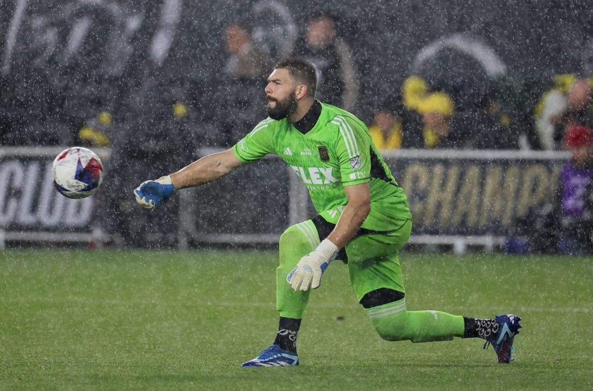 Dec 9, 2023; Columbus, OH, USA; Los Angeles FC goalkeeper Maxime Crepeau (16) plays the ball against the Columbus Crew in the 2023 MLS Cup championship game at Lower.com Field.