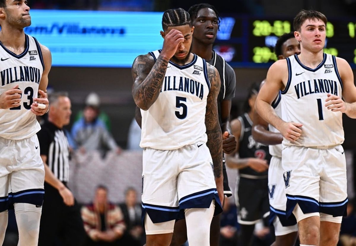 Nov 29, 2023; Villanova, Pennsylvania, USA; Villanova Wildcats guard Justin Moore (5) reacts against the Saint Joseph's Hawks in the second half at William B. Finneran Pavilion.