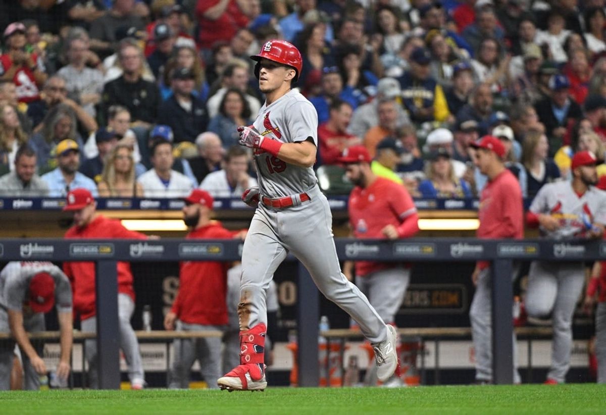 Sep 26, 2023; Milwaukee, Wisconsin, USA; St. Louis Cardinals shortstop Tommy Edman (19) rounds the bases after hitting a home run against the Milwaukee Brewers in the fifth inning at American Family Field.