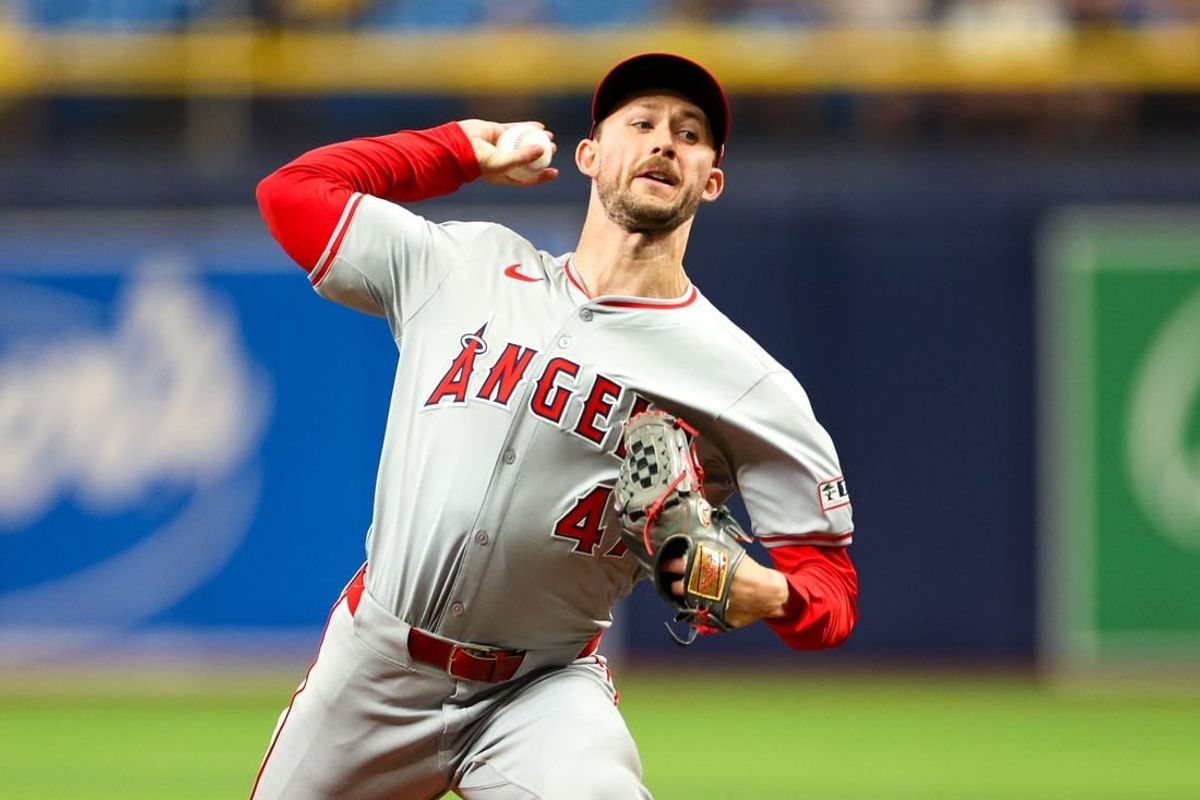 Apr 18, 2024; St. Petersburg, Florida, USA;  Los Angeles Angels pitcher Griffin Canning (47) throws a pitch against the Tampa Bay Rays in the first inning at Tropicana Field.