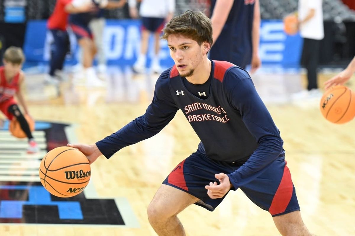 Mar 21, 2024; Spokane, WA, USA; St. Mary's Gaels guard Aidan Mahaney (20) during practice at Spokane Veterans Memorial Arena.