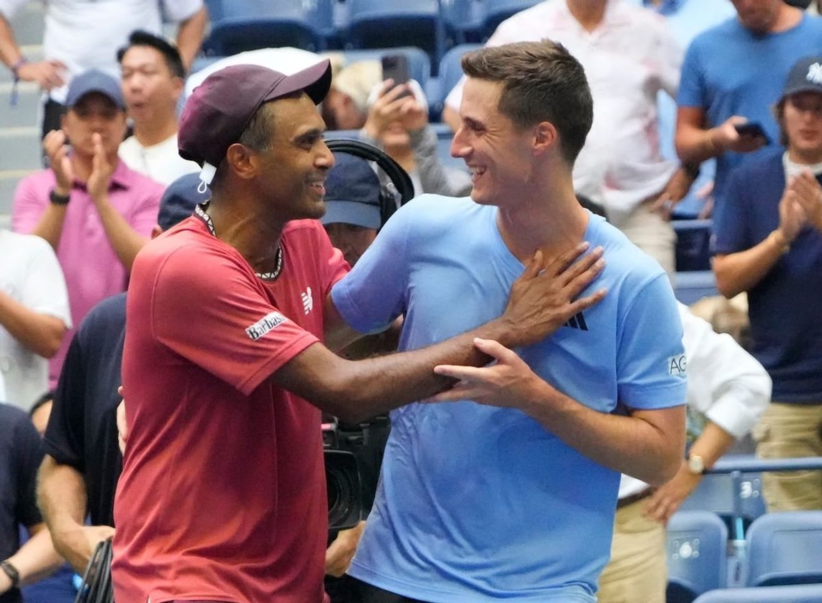 Sept 8, 2023; Flushing, NY, USA;  Rajeev Ram of the USA and Joe Salisbury of Great Britain celebrate after beating Rohan Bopanna of India and Matthew Ebden of Australia in the men s doubles final on day twelve of the 2023 U.S. Open tennis tournament at USTA Billie Jean King National Tennis Center.