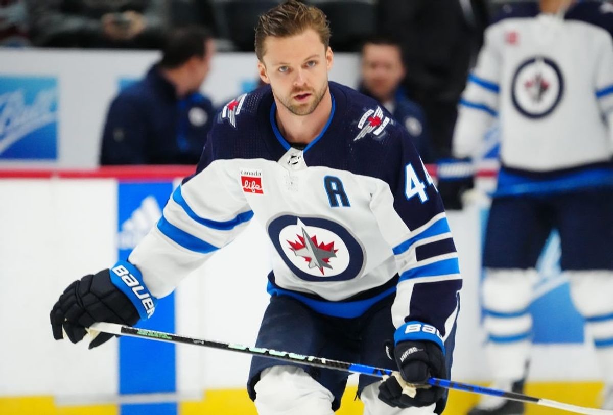 Dec 7, 2023; Denver, Colorado, USA; Winnipeg Jets defenseman Josh Morrissey (44) before the game against the Colorado Avalanche at Ball Arena.