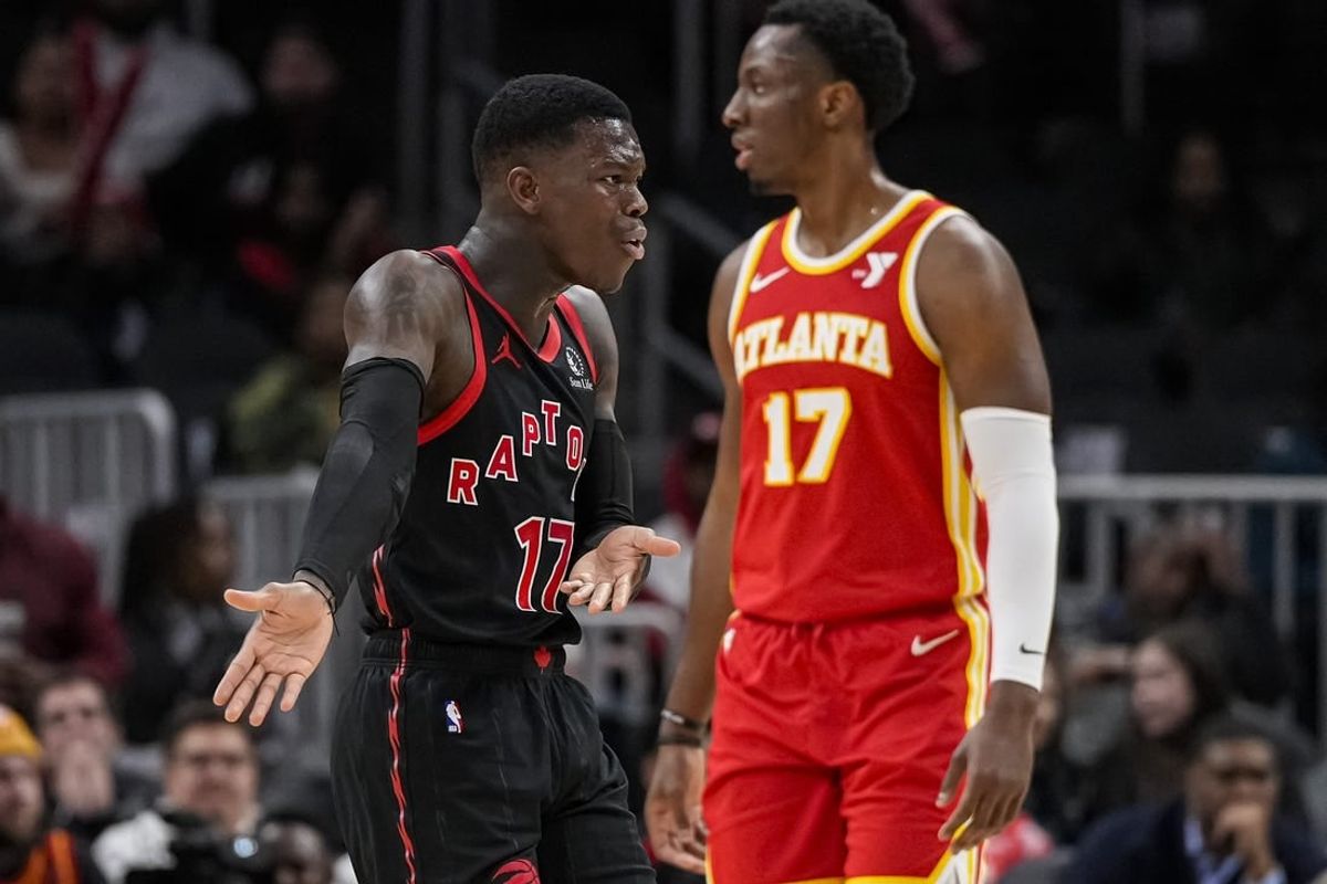 Jan 28, 2024; Atlanta, Georgia, USA; Toronto Raptors guard Dennis Schroder (17) reacts after being called for a charge after running into Atlanta Hawks guard Patty Mills (8) (not shown) during the first half at State Farm Arena.