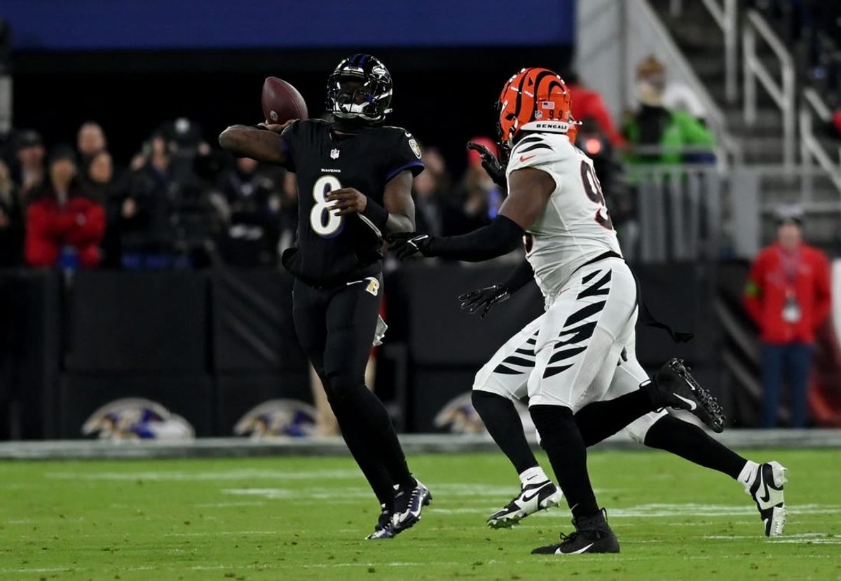 Nov 16, 2023; Baltimore, Maryland, USA; Baltimore Ravens quarterback Lamar Jackson (8) throws during the second quarter against the Cincinnati Bengals at M&T Bank Stadium.