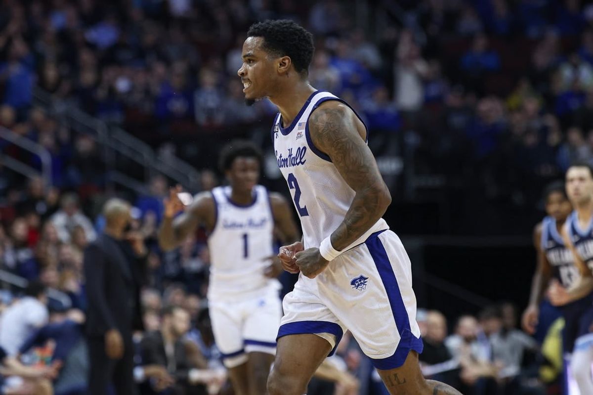 Mar 6, 2024; Newark, New Jersey, USA; Seton Hall Pirates guard Al-Amir Dawes (2) reacts after a three point basket during the first half against the Villanova Wildcats at Prudential Center.
