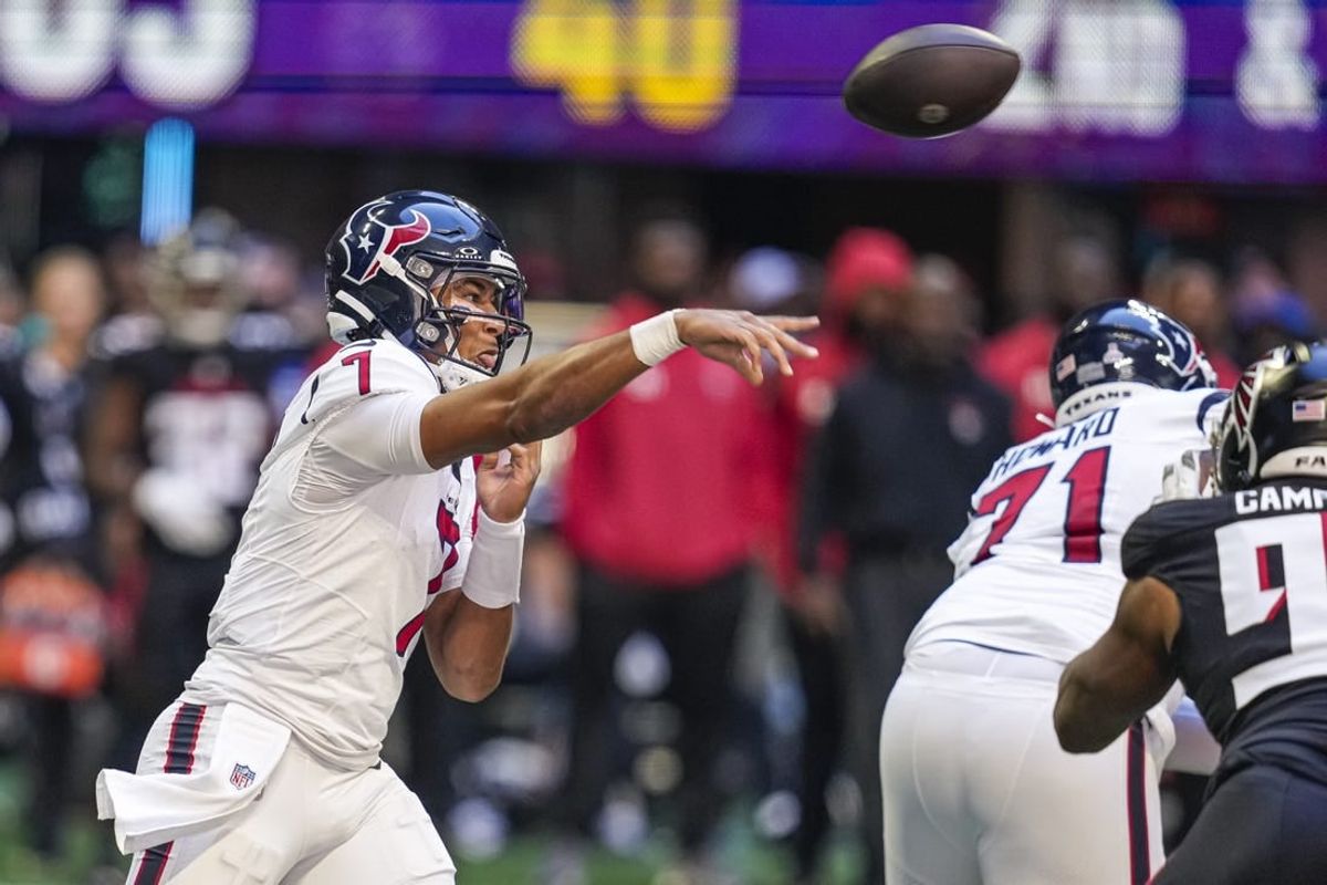 Oct 8, 2023; Atlanta, Georgia, USA; Houston Texans quarterback C.J. Stroud (7) passes the ball against the Atlanta Falcons at Mercedes-Benz Stadium.