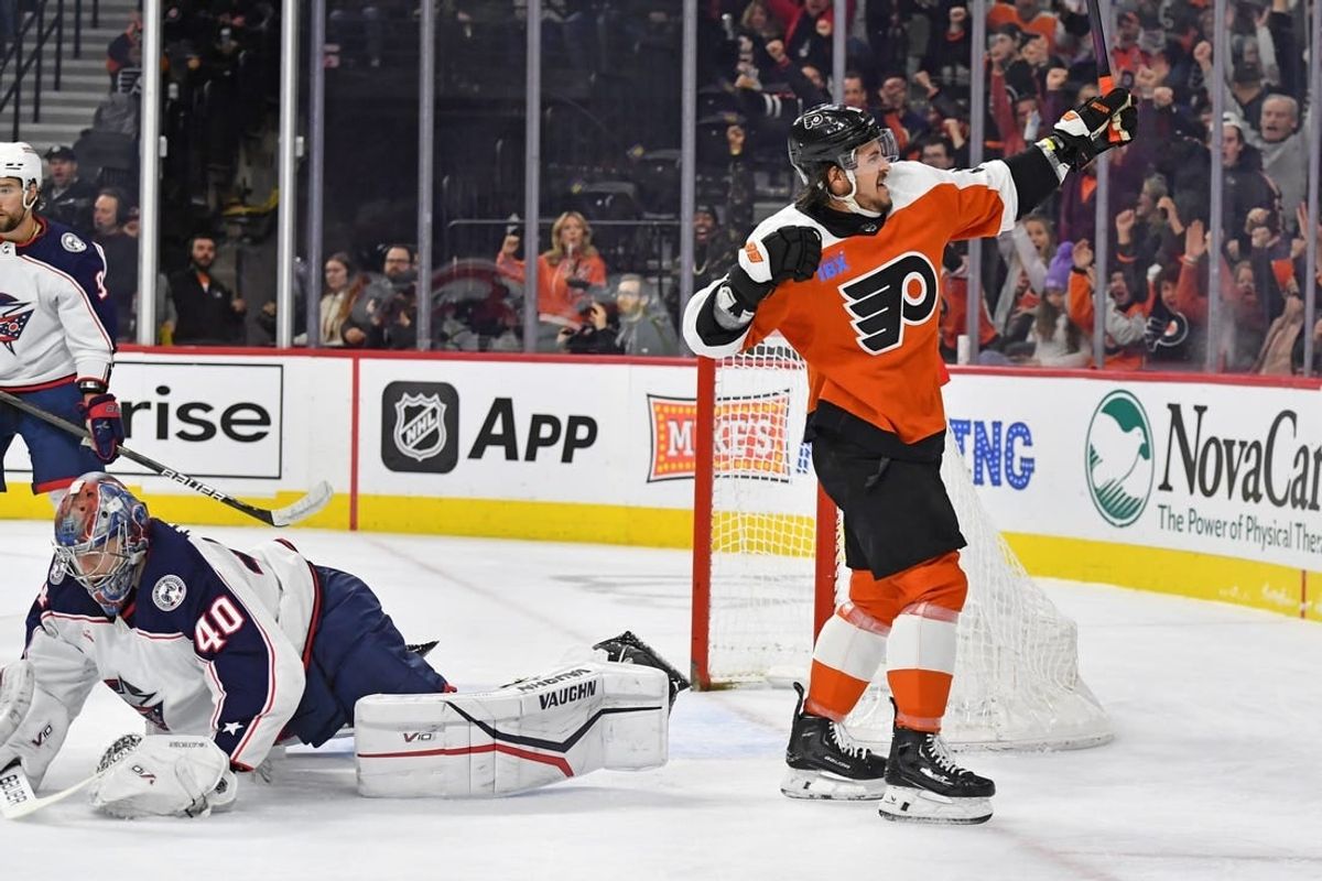 Jan 4, 2024; Philadelphia, Pennsylvania, USA;  Philadelphia Flyers right wing Travis Konecny (11) celebrates his goal against Columbus Blue Jackets goaltender Daniil Tarasov (40) during the first period at Wells Fargo Center.