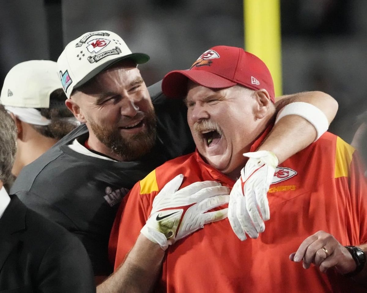 Feb. 12, 2023: Andy Reid and Travis Kelce celebrate the Kansas City Chiefs' win over the Philadelphia Eagles in Super Bowl LVII at State Farm Stadium in Glendale, Arizona.