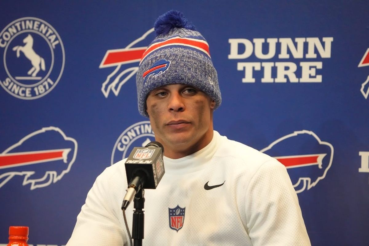 Jan 15, 2024; Orchard Park, New York, USA; Buffalo Bills safety Jordan Poyer (21) at a press conference after a 2024 AFC wild card game at Highmark Stadium.
