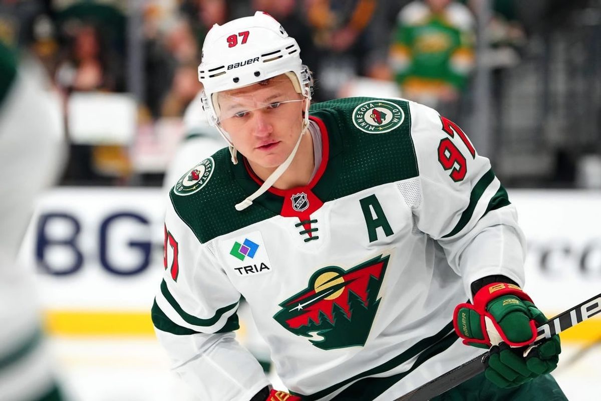 Feb 12, 2024; Las Vegas, Nevada, USA; Minnesota Wild left wing Kirill Kaprizov (97) warms up before a game against the Vegas Golden Knights at T-Mobile Arena.