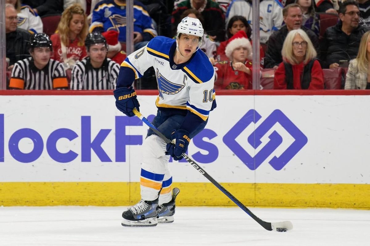 Dec 9, 2023; Chicago, Illinois, USA;  St. Louis Blues forward Brayden Schenn (10) skates against the Chicago Blackhawks at United Center.