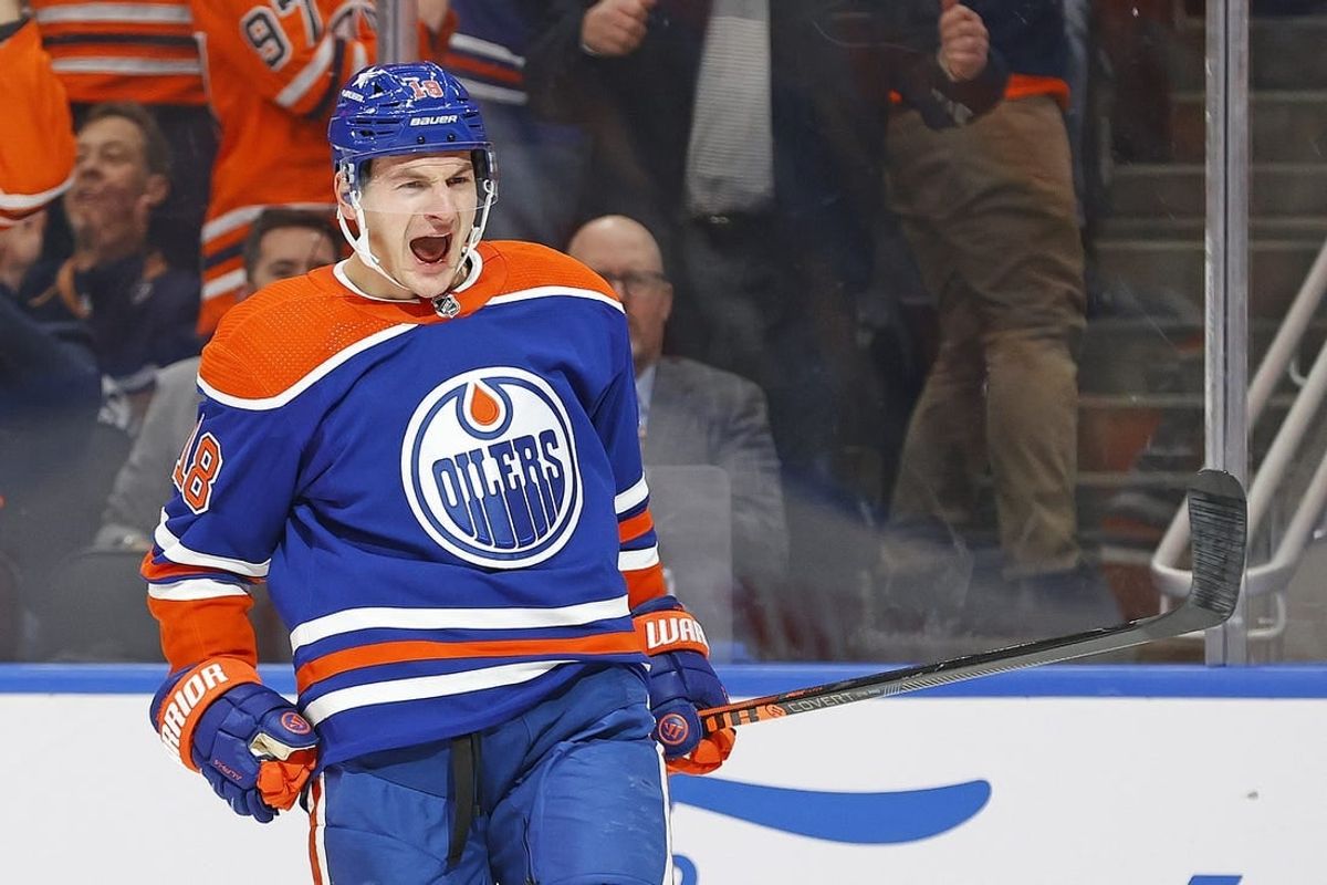 Dec 6, 2023; Edmonton, Alberta, CAN; Edmonton Oilers forward Zach Hyman (18) celebrates after scoring a goal, his second of the game against the Carolina Hurricanes during the first period at Rogers Place.