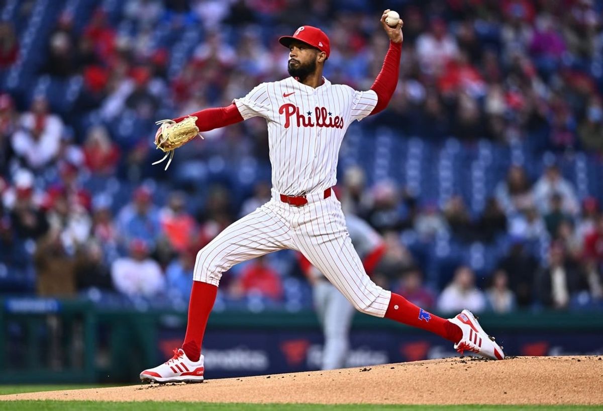 Apr 1, 2024; Philadelphia, Pennsylvania, USA; Philadelphia Phillies starting pitcher Cristopher Sanchez (61) throws a pitch against the Cincinnati Reds in the first inning at Citizens Bank Park.