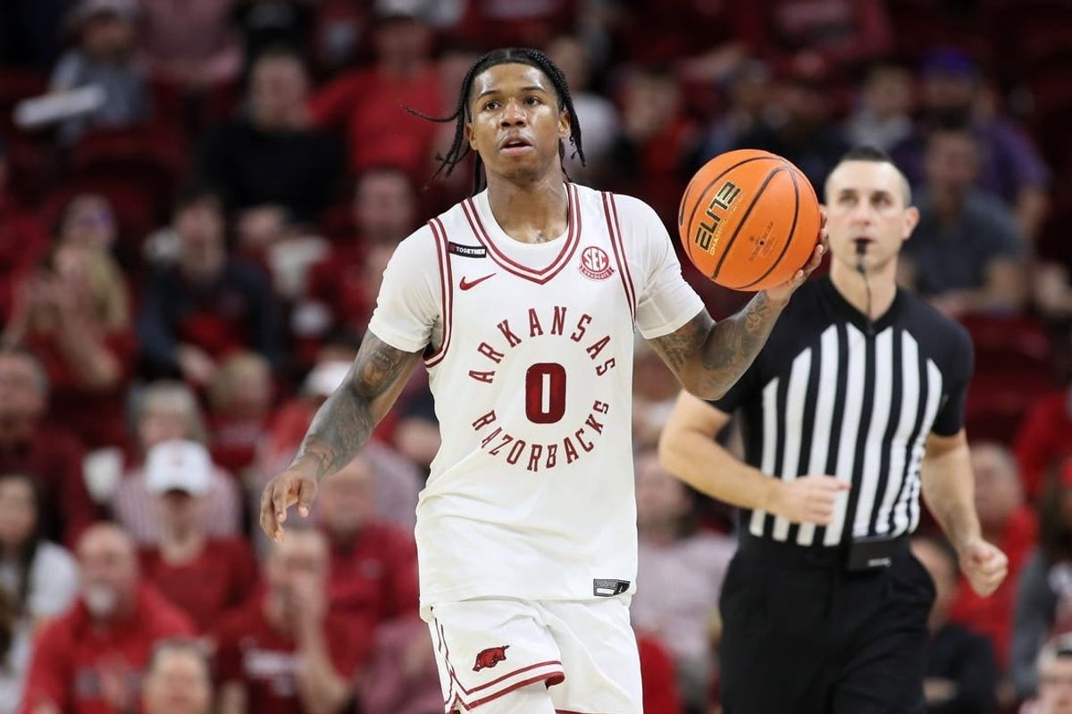 Mar 6, 2024; Fayetteville, Arkansas, USA; Arkansas Razorbacks guard Khalif Battle (0) during the second half against the LSU Tigers at Bud Walton Arena. Arkansas won 94-83.