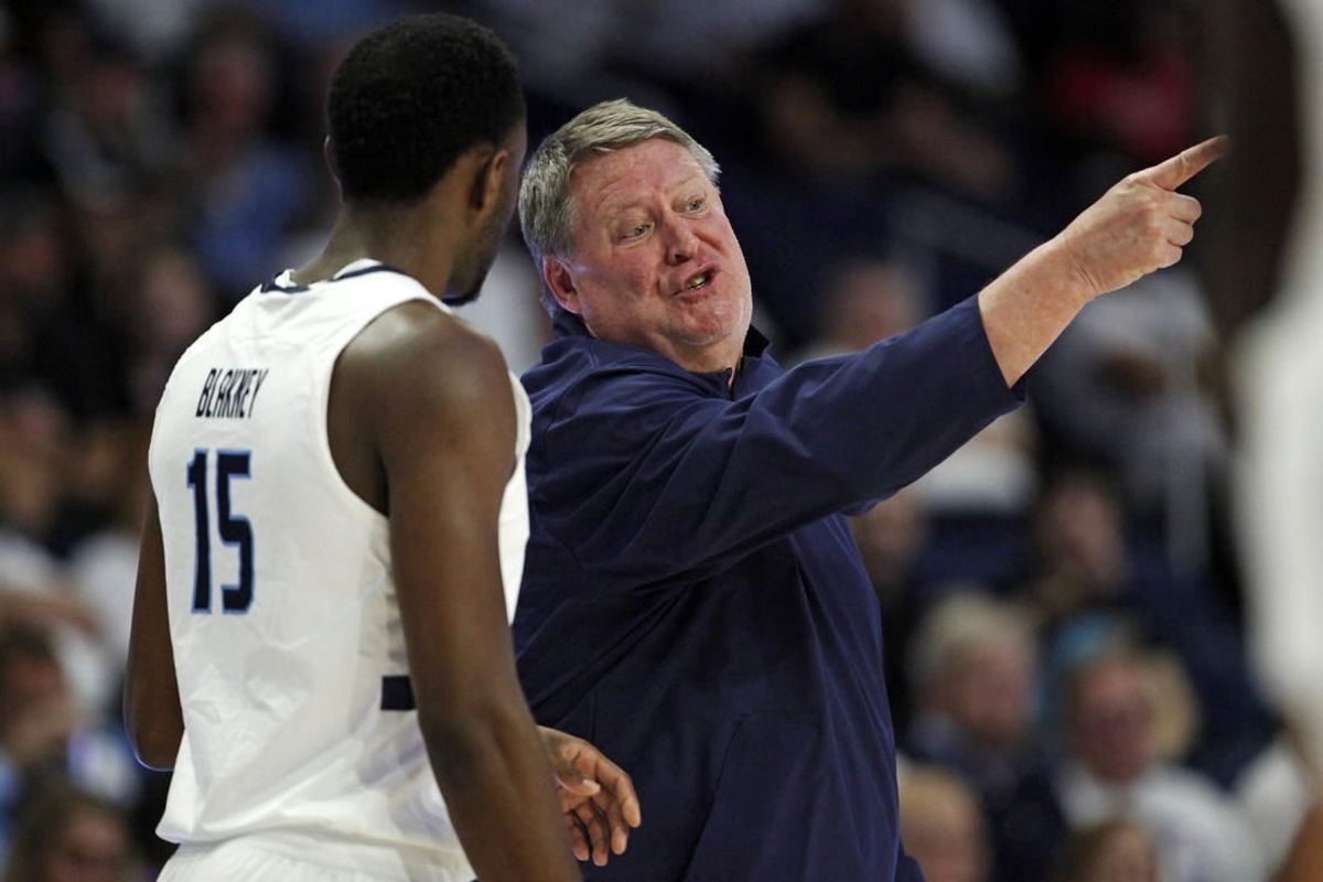 Dec 9, 2023; Norfolk, Virginia, USA; Old Dominion Monarchs head coach Jeff Jones talks to Old Dominion Monarchs guard R.J. Blakney (15) against the James Madison Dukes at Chartway Arena at the Ted Constant Convocation Center.