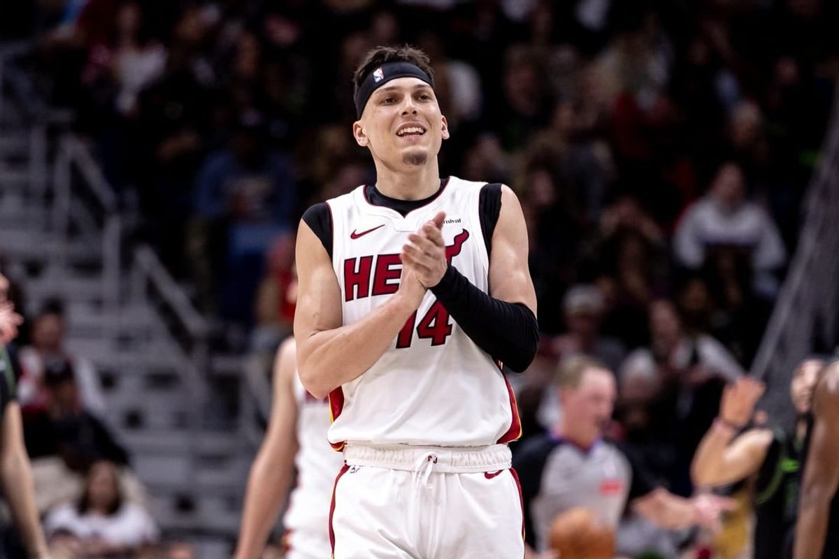 Feb 23, 2024; New Orleans, Louisiana, USA;  Miami Heat guard Tyler Herro (14) reacts to a missed three point basket attempt against the New Orleans Pelicans during the second half at Smoothie King Center.