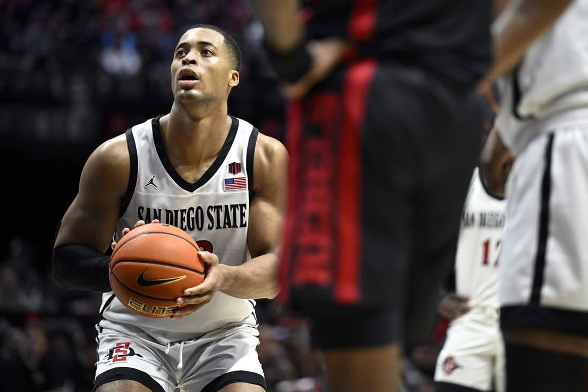 Jan 6, 2024; San Diego, California, USA; San Diego State Aztecs forward Jaedon LeDee (13) shoots a free throw during the second half against the UNLV Rebels at Viejas Arena.