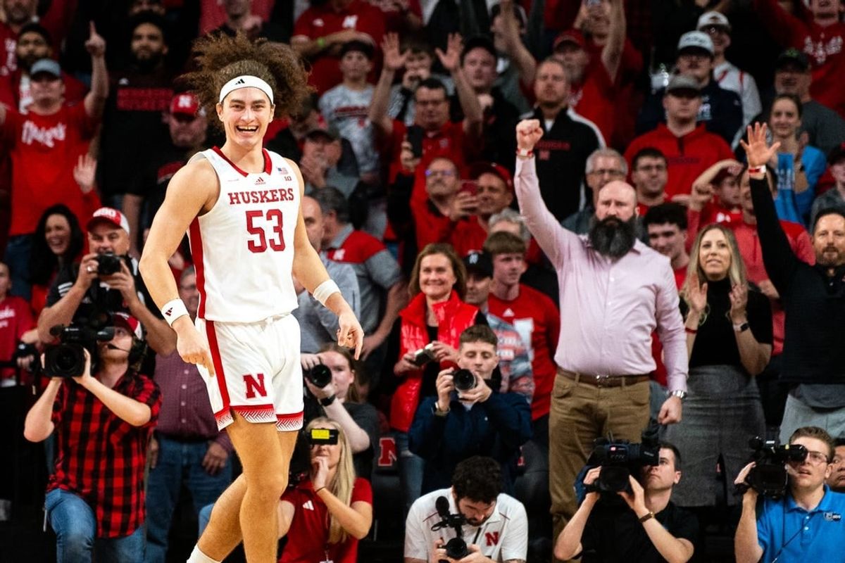 Feb 1, 2024; Lincoln, Nebraska, USA; Nebraska Cornhuskers forward Josiah Allick (53) celebrates as the Cornhuskers defeat the Wisconsin Badgers in overtime at Pinnacle Bank Arena.