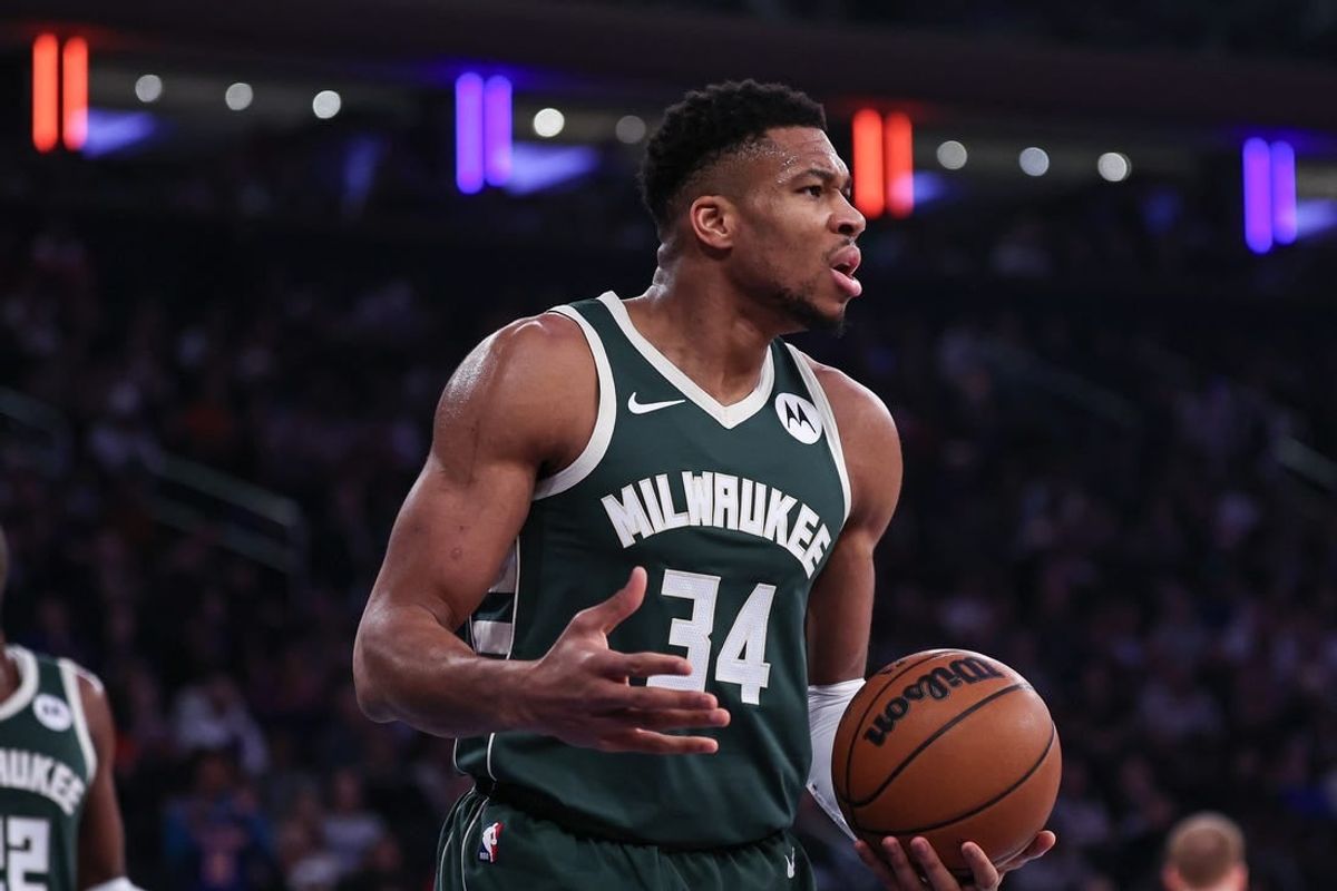 Dec 25, 2023; New York, New York, USA; Milwaukee Bucks forward Giannis Antetokounmpo (34) reacts after being called for a foul during the first quarter against the New York Knicks at Madison Square Garden.