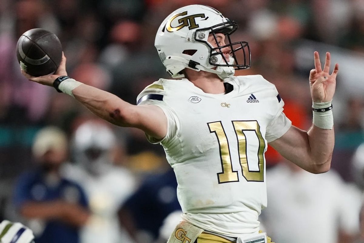 Oct 7, 2023; Miami Gardens, Florida, USA; Georgia Tech Yellow Jackets quarterback Haynes King (10) attempts a pass against the Miami Hurricanes in the second half at Hard Rock Stadium.