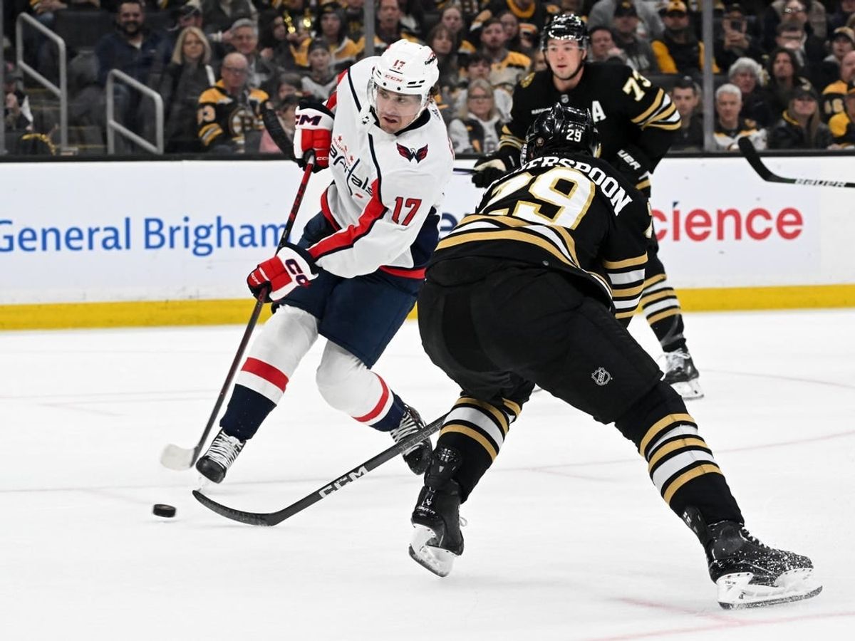 Feb 10, 2024; Boston, Massachusetts, USA; Washington Capitals center Dylan Strome (17) takes a shot in front of Boston Bruins defenseman Parker Wotherspoon (29) during the second period at the TD Garden.