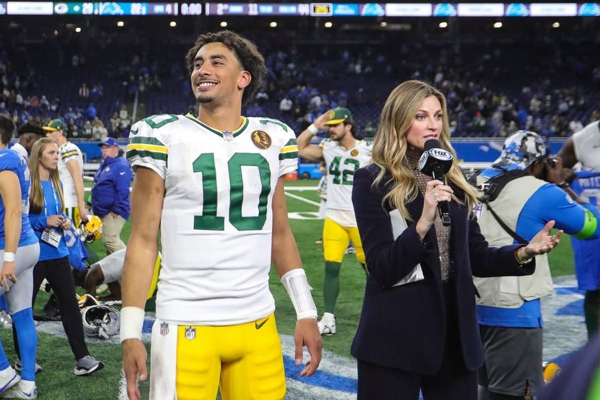 Green Bay Packers quarterback Jordan Love smiles during a postgame interview with Fox Sports' Erin Andrews after the 29-22 win over the Detroit Lions at Ford Field in Detroit on Thursday, Nov. 23, 2023.