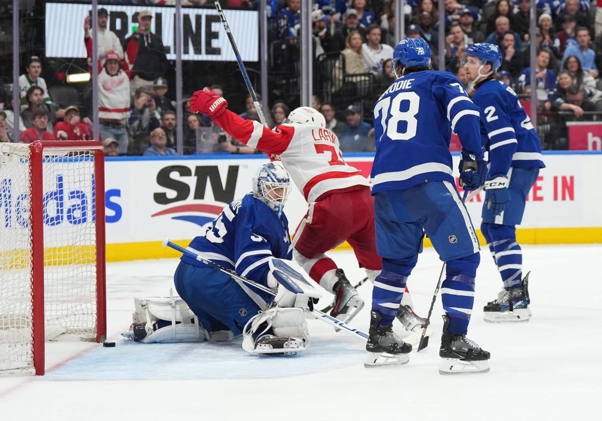 Apr 13, 2024; Toronto, Ontario, CAN; Detroit Red Wings center Dylan Larkin (71) score the winning goal against the Toronto Maple Leafs  during the overtime period at Scotiabank Arena.