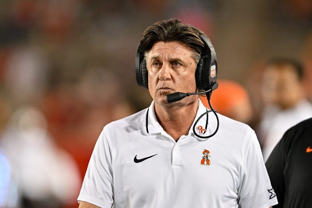 Nov 18, 2023; Houston, Texas, USA; Oklahoma State Cowboys head coach Mike Gundy looks on during the fourth quarter against the Houston Cougars at TDECU Stadium.