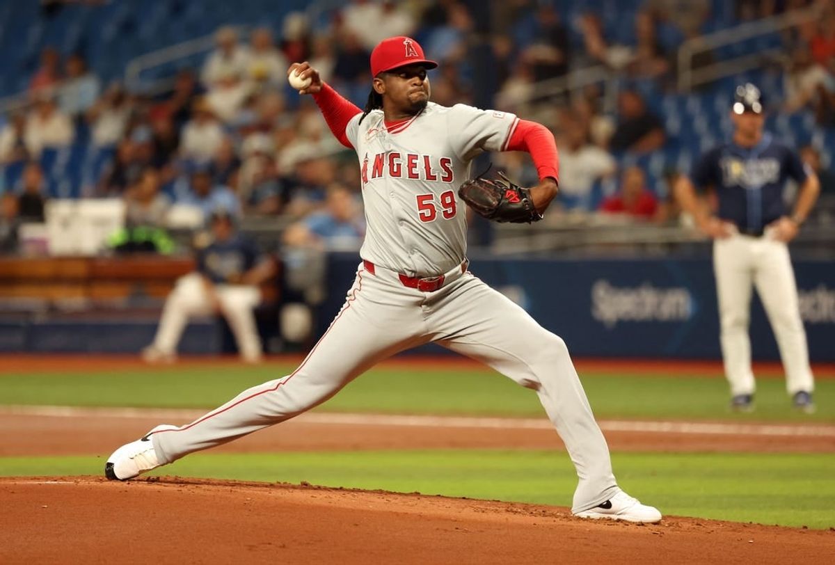 Apr 16, 2024; St. Petersburg, Florida, USA;  Los Angeles Angels pitcher José Soriano (59) throws a pitch against the Tampa Bay Rays  during the first inning at Tropicana Field.