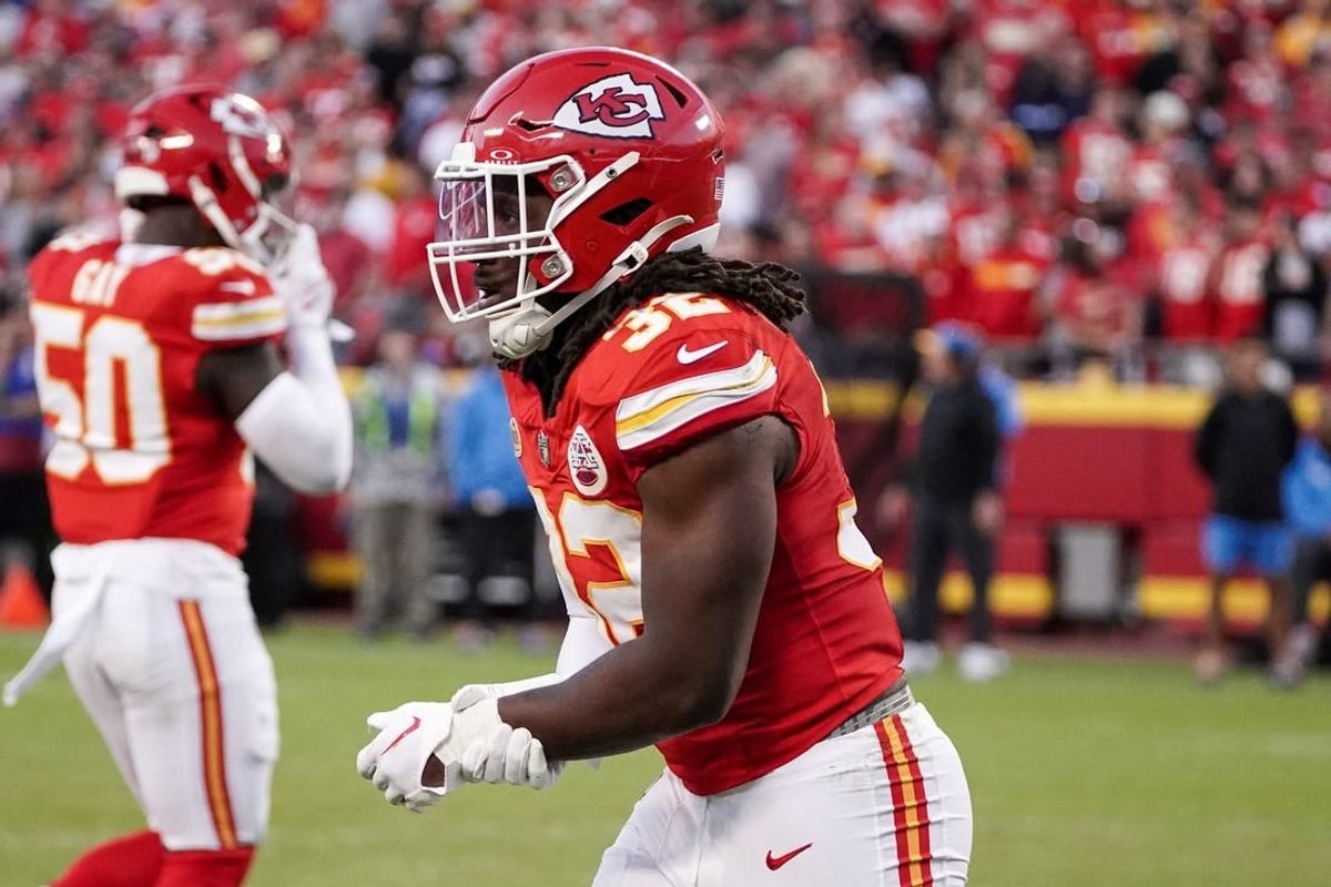 Oct 12, 2023; Kansas City, Missouri, USA; Kansas City Chiefs linebacker Nick Bolton (32) holds his wrist as he leaves the field against the Los Angeles Chargers during the game at GEHA Field at Arrowhead Stadium.