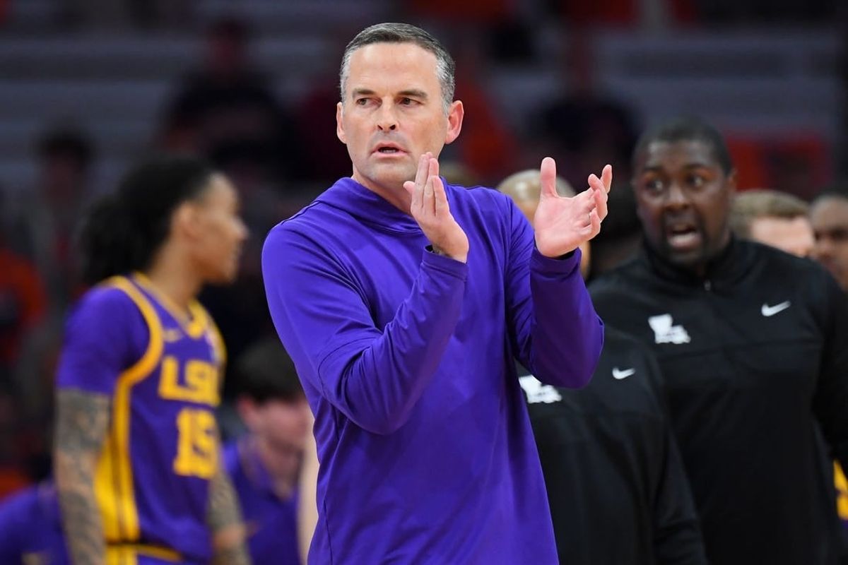 Nov 28, 2023; Syracuse, New York, USA; LSU Tigers head coach Matt McMahon looks on against the Syracuse Orange during the first half at the JMA Wireless Dome.