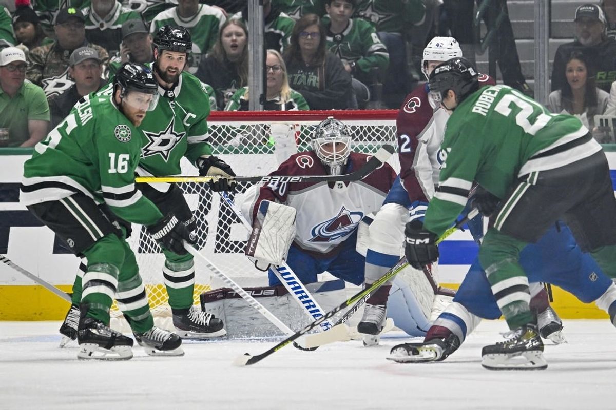 May 9, 2024; Dallas, Texas, USA; Colorado Avalanche goaltender Alexandar Georgiev (40) faces the attack of Dallas Stars center Joe Pavelski (16) and left wing Jamie Benn (14) and left wing Jason Robertson (21) during the third period in game two of the second round of the 2024 Stanley Cup Playoffs at American Airlines Center.