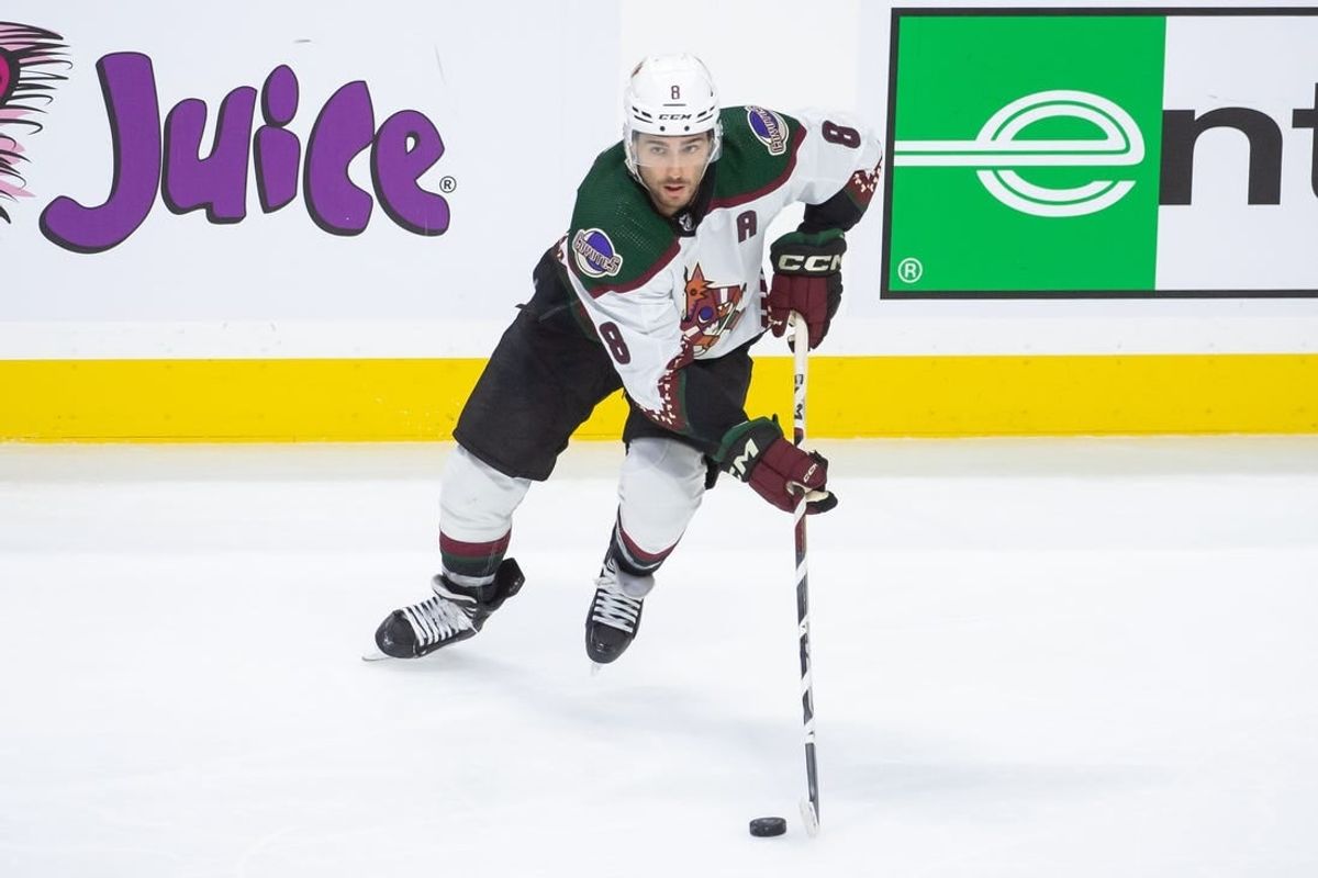 Mar 1, 2024; Ottawa, Ontario, CAN; Arizona Coyotes center Nick Schmaltz (8) skates with the puck in the third period against the Ottawa Senators at the Canadian Tire Centre.