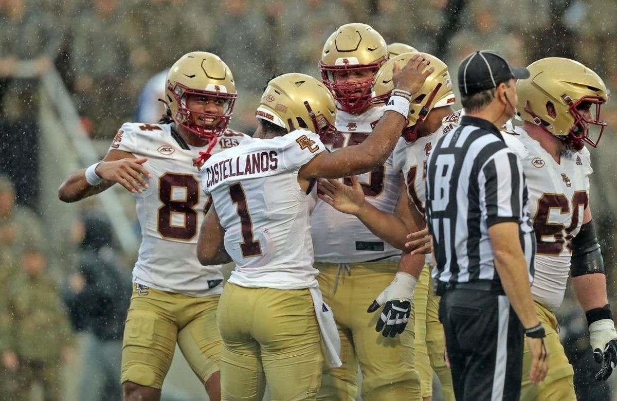 Oct 7, 2023; West Point, New York, USA; Boston College Eagles quarterback Thomas Castellanos (1) celebrates his touchdown against the Army Black Knights during the first half at Michie Stadium.