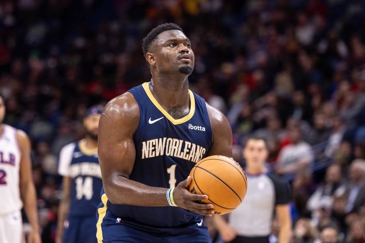 Nov 29, 2023; New Orleans, Louisiana, USA; New Orleans Pelicans forward Zion Williamson (1) shoots a technical free throw against the Philadelphia 76ers during the second half at the Smoothie King Center.