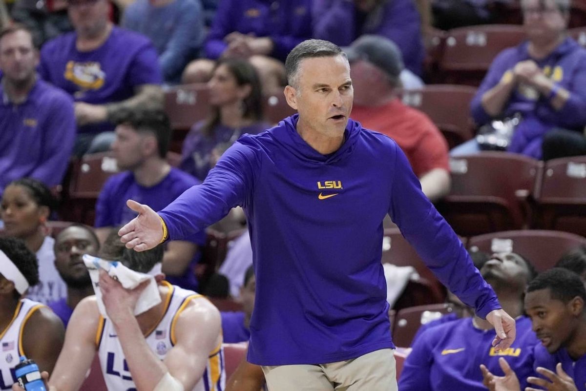 Nov 17, 2023; Charleston, SC, USA; LSU Tigers head coach Matt McMahon reacts to action on the court in the first half against the North Texas Mean Green at TD Arena.