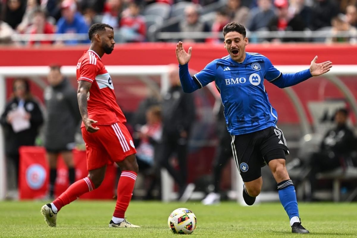 Mar 16, 2024; Chicago, Illinois, USA; CF Montreal forward Matias Coccaro (9) reacts during a play against Chicago Fire FC during the first half at Soldier Field.