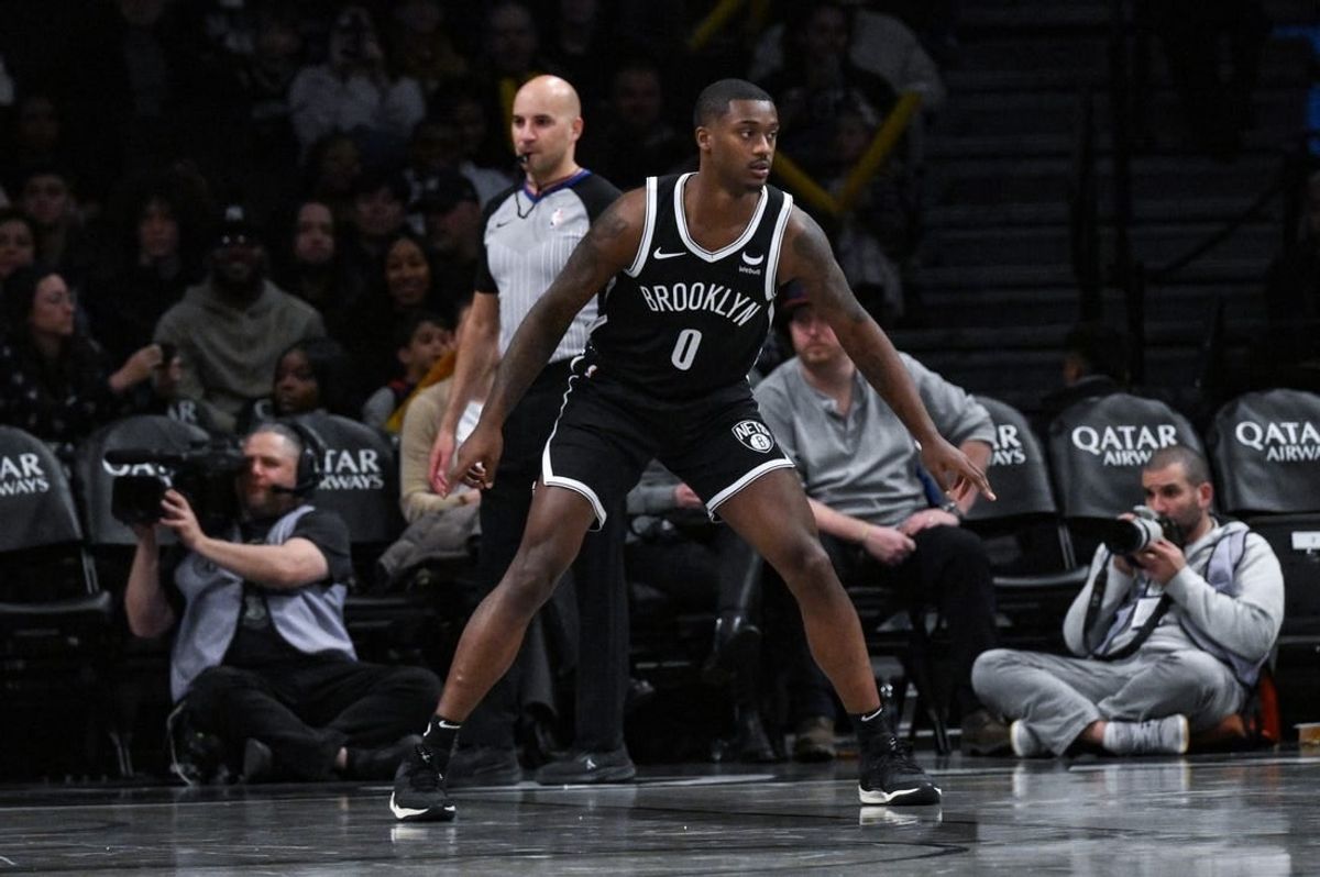 Nov 25, 2023; Brooklyn, New York, USA; Brooklyn Nets forward Dariq Whitehead (0) during his NBA debut in the fourth quarter against the Miami Heat at Barclays Center.