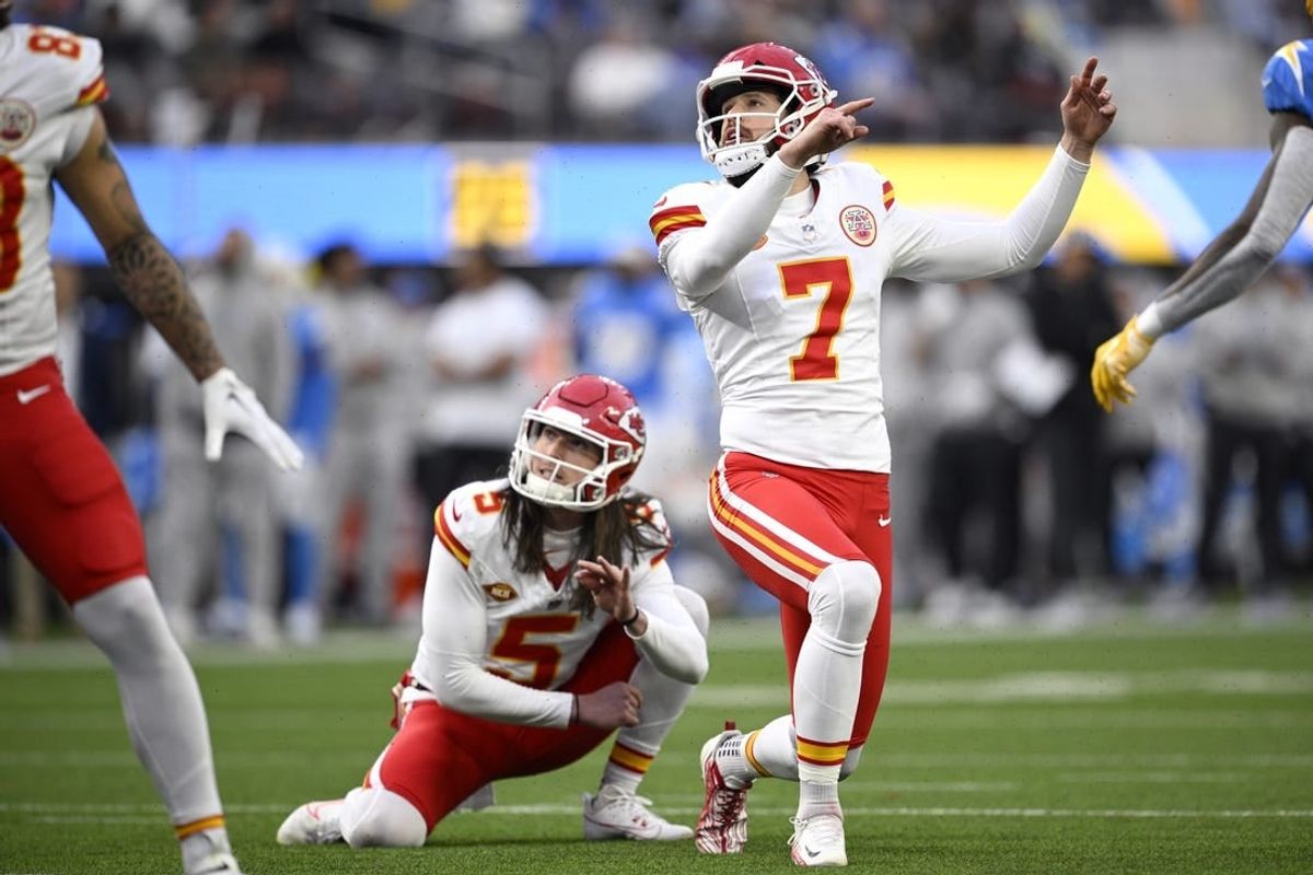 Jan 7, 2024; Inglewood, California, USA; Kansas City Chiefs place kicker Harrison Butker (7) watches his field goal against the Los Angeles Chargers during the first half at SoFi Stadium.