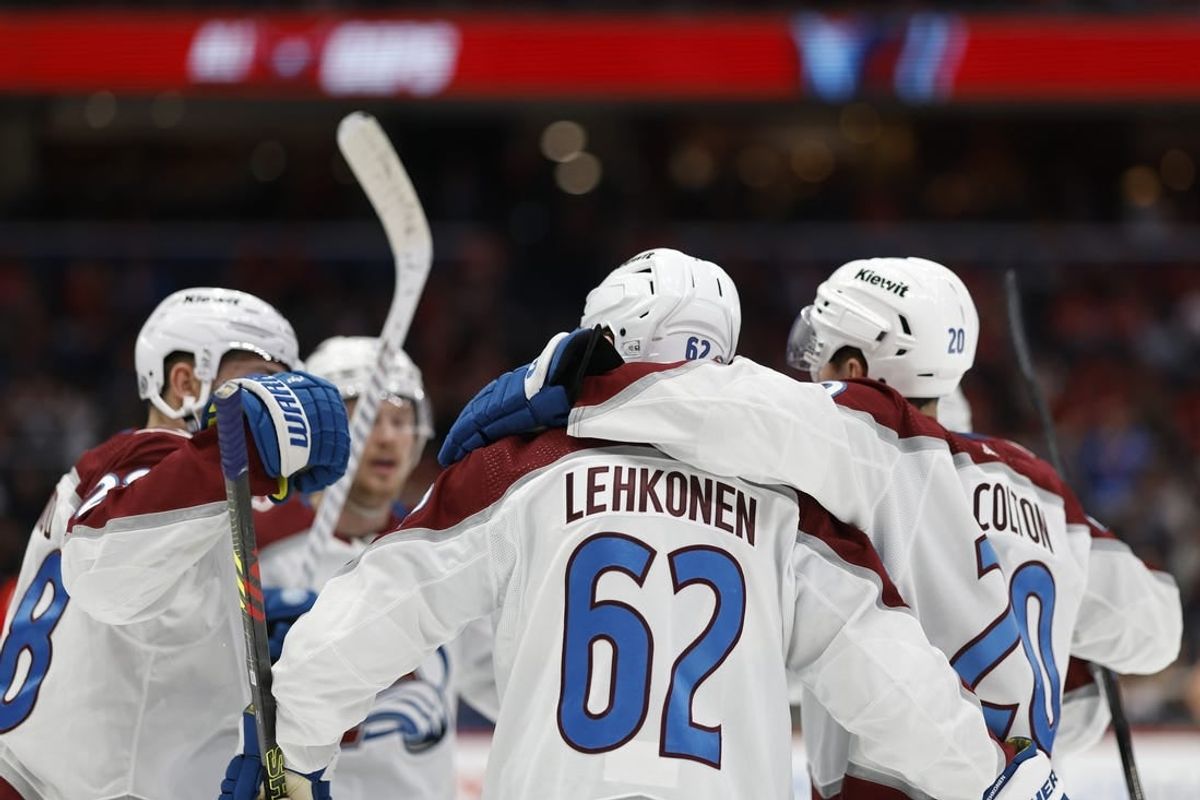 Feb 13, 2024; Washington, District of Columbia, USA; Colorado Avalanche left wing Artturi Lehkonen (62) celebrates with teammates after scoring a goal /W? in the second period at Capital One Arena.