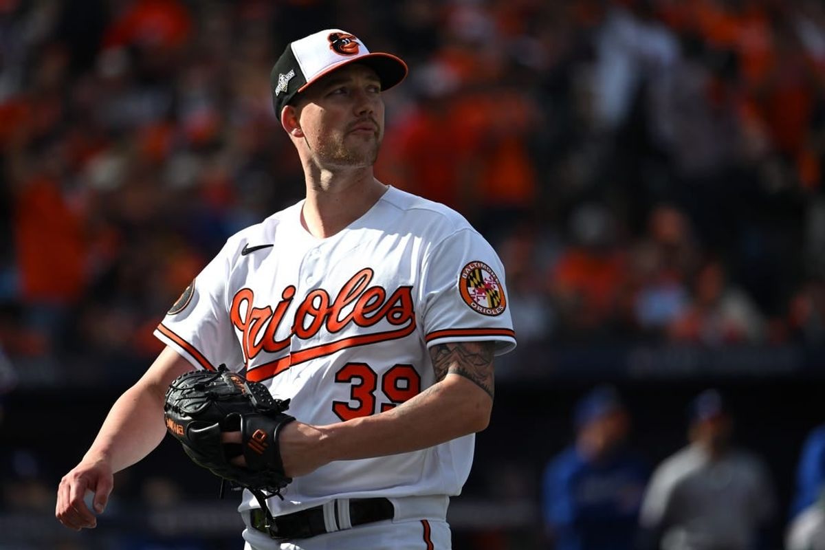 Oct 7, 2023; Baltimore, Maryland, USA; Baltimore Orioles starting pitcher Kyle Bradish (39) looks on during the third inning against the Texas Rangers in game one of the ALDS for the 2023 MLB playoffs at Oriole Park at Camden Yards.