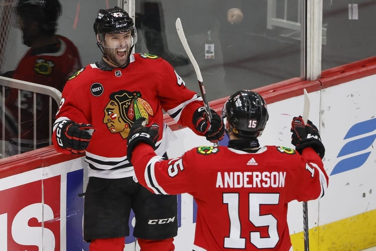 Mar 10, 2024; Chicago, Illinois, USA; Chicago Blackhawks center Colin Blackwell (43) celebrates after scoring against the Arizona Coyotes during the third period at United Center.