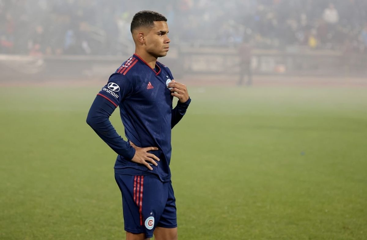 Oct 21, 2023; New York, NY, New York, NY, USA; Chicago Fire defender Miguel Angel Navarro (6) reacts after a match against the New York City FC at Citi Field.