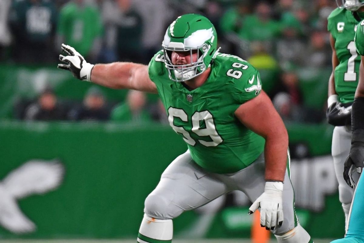 Oct 22, 2023; Philadelphia, Pennsylvania, USA;  Philadelphia Eagles guard Landon Dickerson (69) against the Miami Dolphins at Lincoln Financial Field.