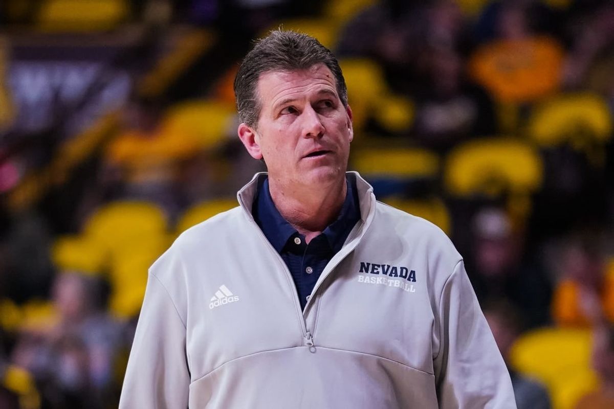 Feb 27, 2023; Laramie, Wyoming, USA; Nevada Wolf Pack head coach Steve Alford reacts against the Wyoming Cowboys during the second half at Arena-Auditorium.