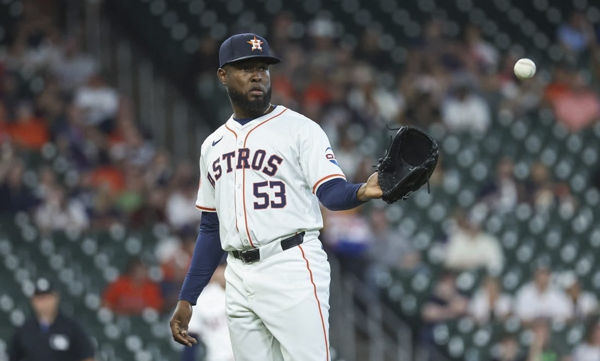 Apr 3, 2024; Houston, Texas, USA; Houston Astros starting pitcher Cristian Javier (53) after a pitch during the first inning against the Toronto Blue Jays at Minute Maid Park.