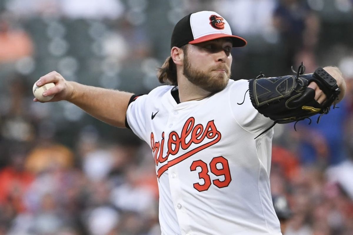 May 1, 2024; Baltimore, Maryland, USA;  Baltimore Orioles pitcher Corbin Burnes (39) throws a third inning pitch against the New York Yankees at Oriole Park at Camden Yards.