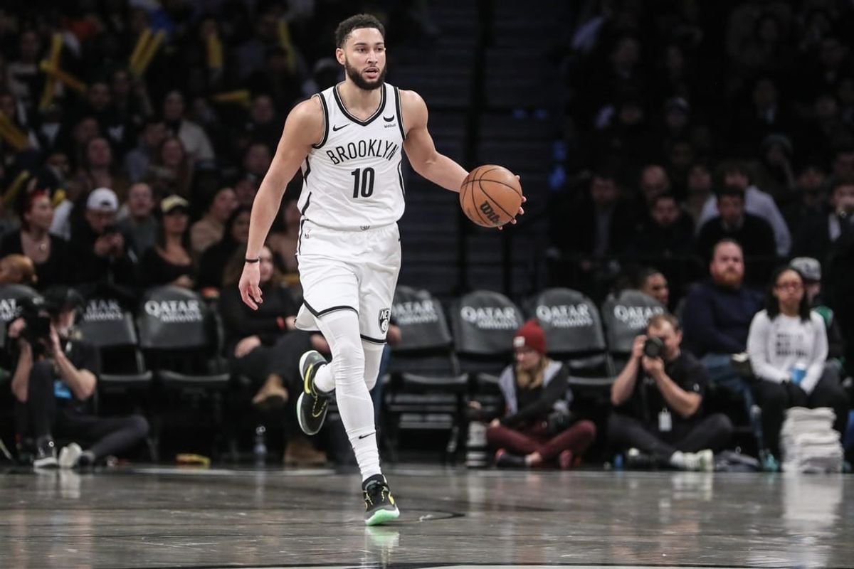 Feb 13, 2024; Brooklyn, New York, USA;  Brooklyn Nets guard Ben Simmons (10) brings the ball up court in the third quarter against the Boston Celtics at Barclays Center.